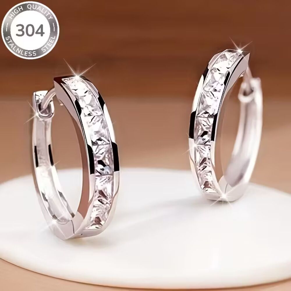 Silver Stainless Crystal Hoop Earrings Princess Cut Lightweight Secure Hinge New
